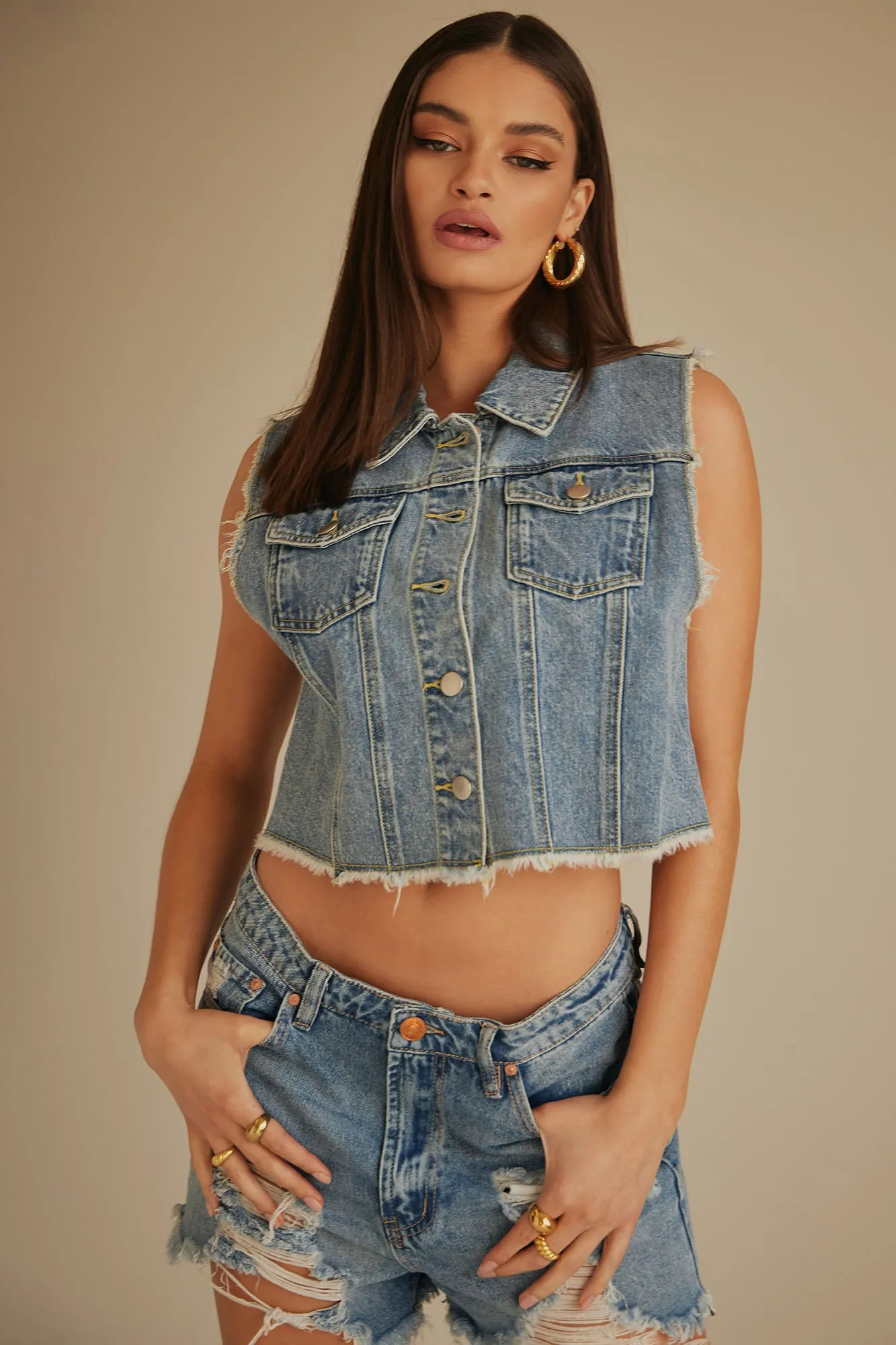 American Dream Cropped Denim Vest - Medium Blue Wash