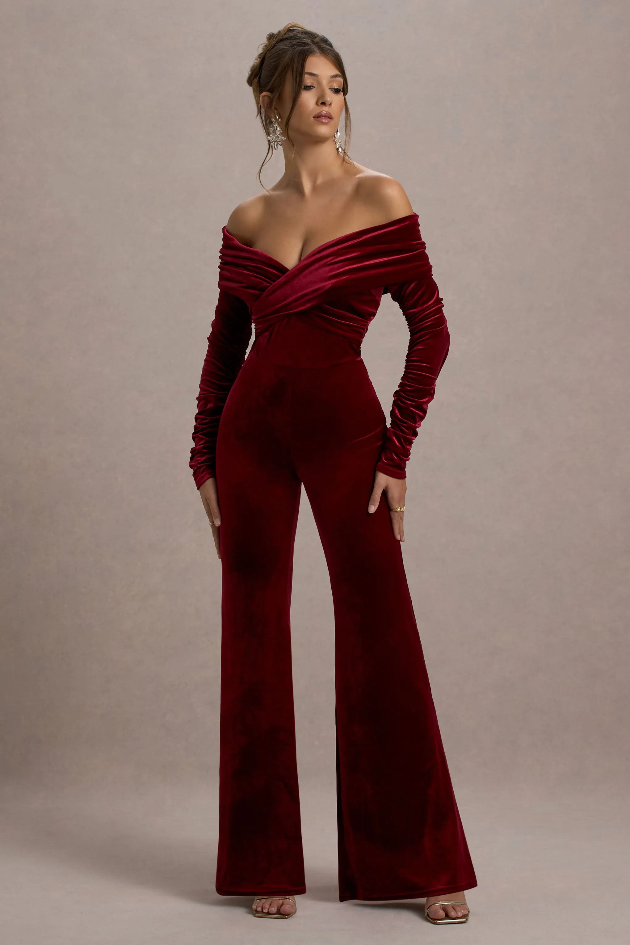 Borealis | Berry Velvet Long-Sleeved Bardot Jumpsuit