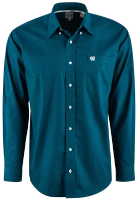 Cinch Solid Foulard Long Sleeve Button-Front Shirt - Teal