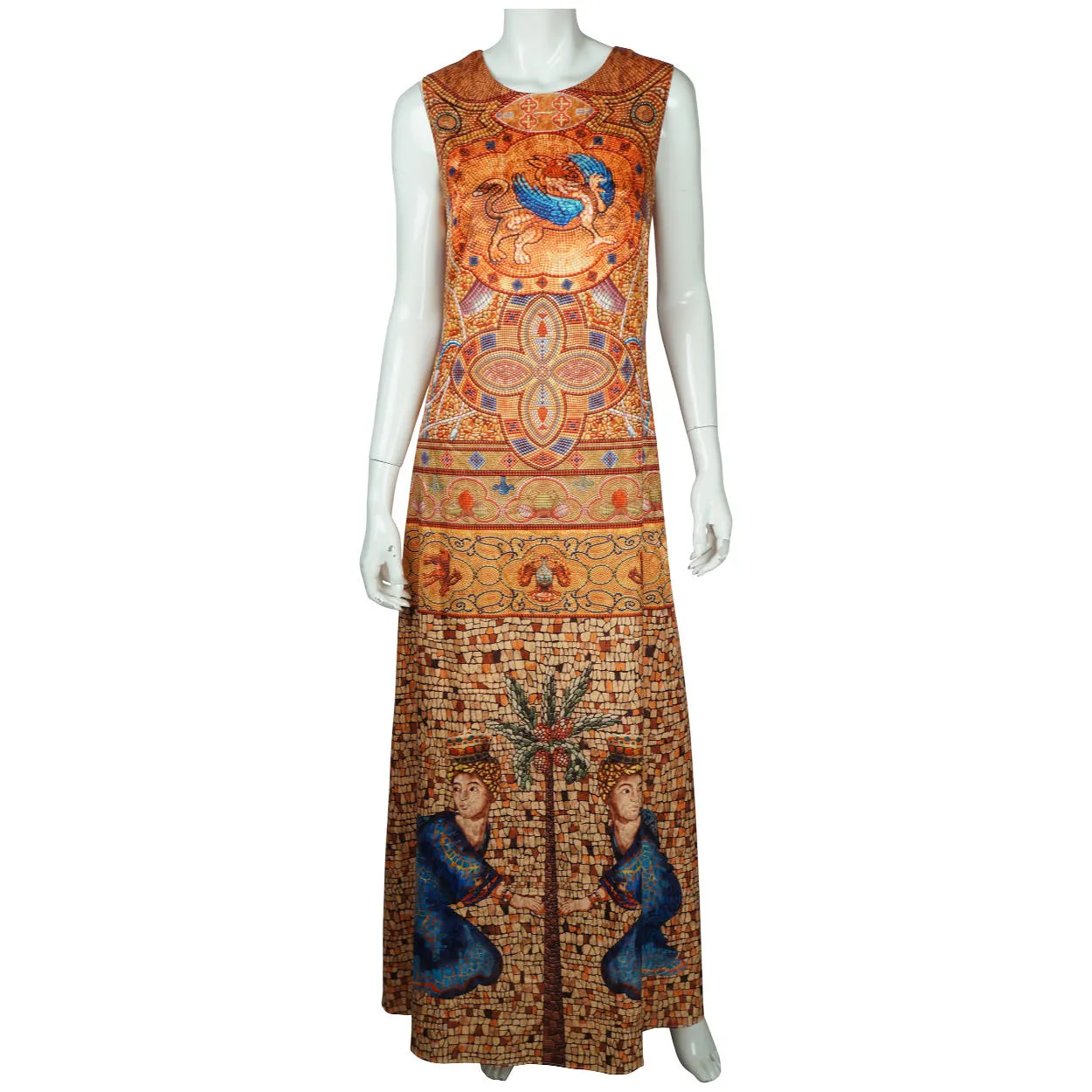 Donna Karan Silk Dress Byzantine Tile Pattern Print Sleeveless Full Length Sz M