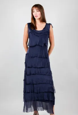 Long Tattered-Tiers Dress, Navy