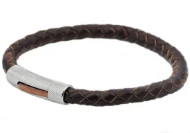 Mens Brown Leather And Stainless Steel Bracelet