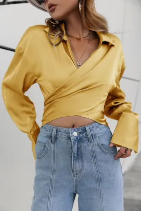 Satin Bishop Sleeve Cropped Wrap Top