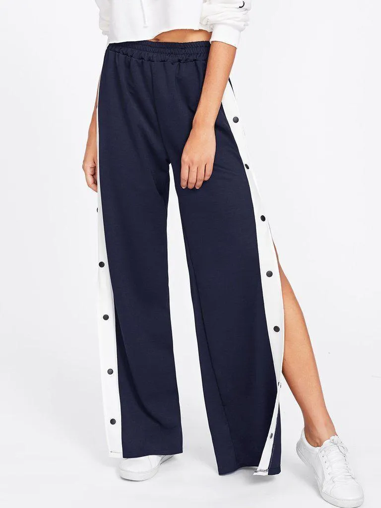 Tape Button Side Wide Leg Pants