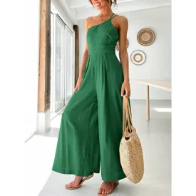 Wide Leg Backless Women's Jumpsuit, Cotton Linen, High Waist, Solid Color