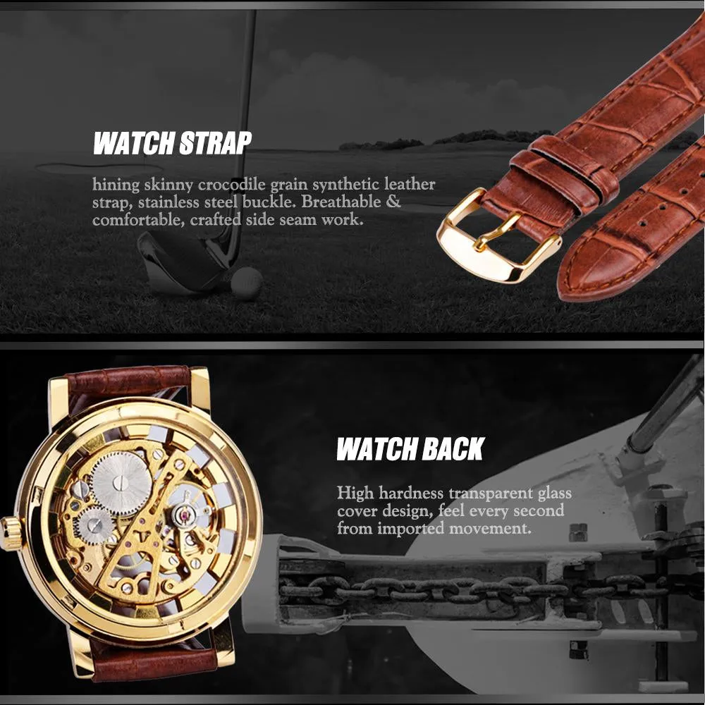 WINNER Silver Skeleton Watch for Men Mechanical Wristwatches Fashion Mens Watches Top Brand Luxury Leather Strap montre homme